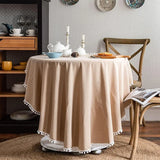 Qfdian Solid Round Tablecloths with Pom Poms Cotton Tablecloth Table Covers for Kitchen Dining Restaurant Wedding Party Home Decoration
