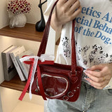 Qfdian Y2K Transparent Love Itabag Zipper Bag Jk Kawaii Shoulder Bag Underarm Commuting Bag Messenger Bag Lace Crossbody Bag Women
