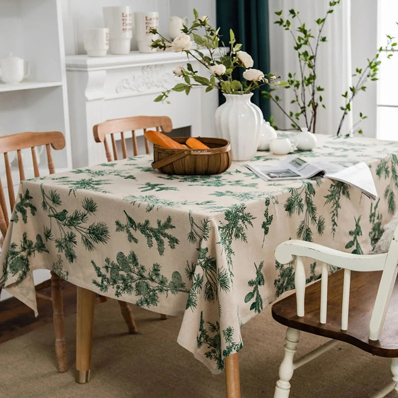 Qfdian Green Printed Pines Birds Tablecloths Rectangle Cotton Linen Table Cloth Table Cover for Kitchen Dining Tables Picnic Decoration