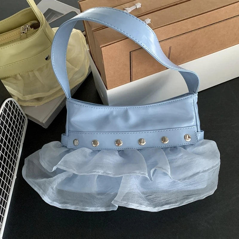 Qfdian Women Sweet Pleated Gauze Patchwork Rivet Handbags Fashion Fairy Y2k Aesthetic Shoulder Bags Office Lady All Match Underarm Bag