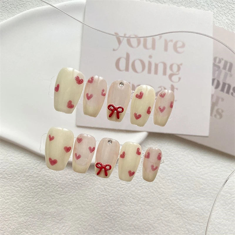 Qfdian Handmade Press on Nails Full Cover Bowknot Heart Acrylic French False Nails Cute with Aurora Reusable Manicure Nail Kit Manicure