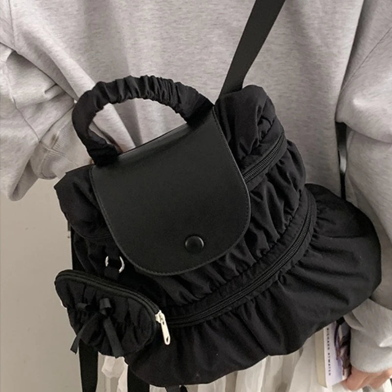 Qfdian Women Trendy All Match Pleated Backpack Korean Casual Preppy Schoolbags Trendy Y2k Aesthetic Nylon Zipper Backpacks for Students