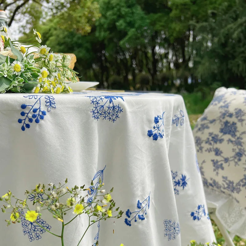Qfdian Cotton Ruffle Tablecloth Rectangular Farmhouse Embroidery Floral Blue Table Covers for Kitchen Living Room Outdoor Wedding Decor