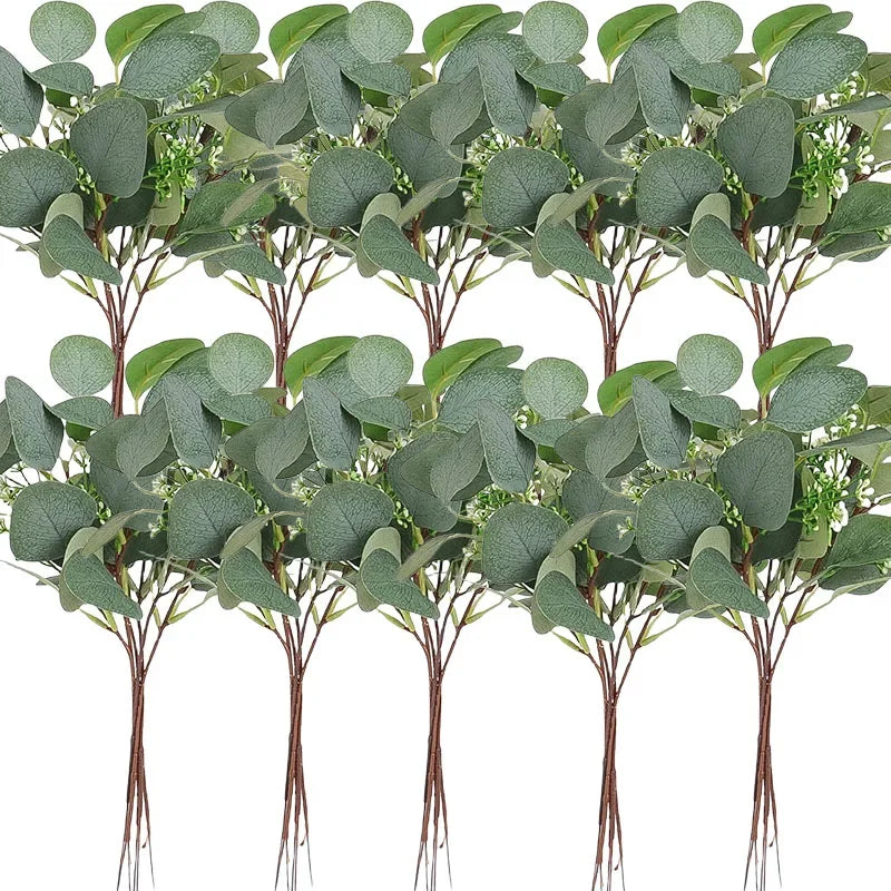 Qfdian 100 Pcs Mixed Eucalyptus Leaves Stems Bulk Artificial Silver Dollar Eucalyptus Leaves Picks Dried Eucalyptus Bundle Faux Spray