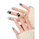 Qfdian 10pcs Luxury Handmade Press On Nails Short French Fake Nail Black Light Bulb Cat Eye Rhinestone Design Cool Fake Nails Wearable