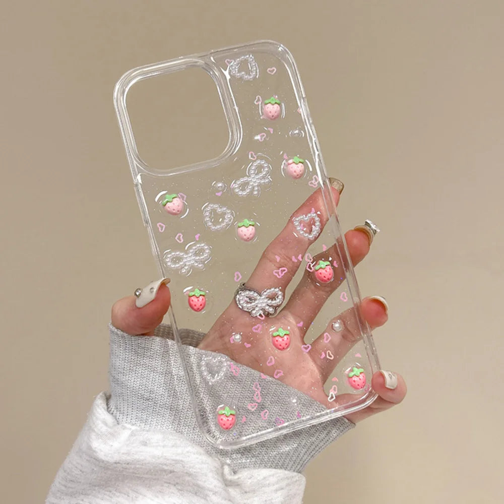 Qfdian Transparent Strawberry Pearl Bow Soft Phone Case for iPhone 16 Pro Max Fundas Cover for iPhone 11 12 13 14 15 Pro Max Back Cover