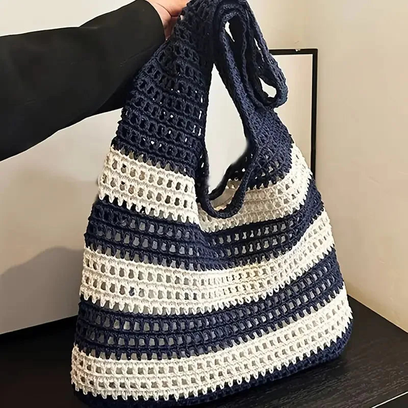 Qfdian Ladies' woven bag, niche design, striped knitted bag, simple hollow out hand-held shoulder bag, sports handbag