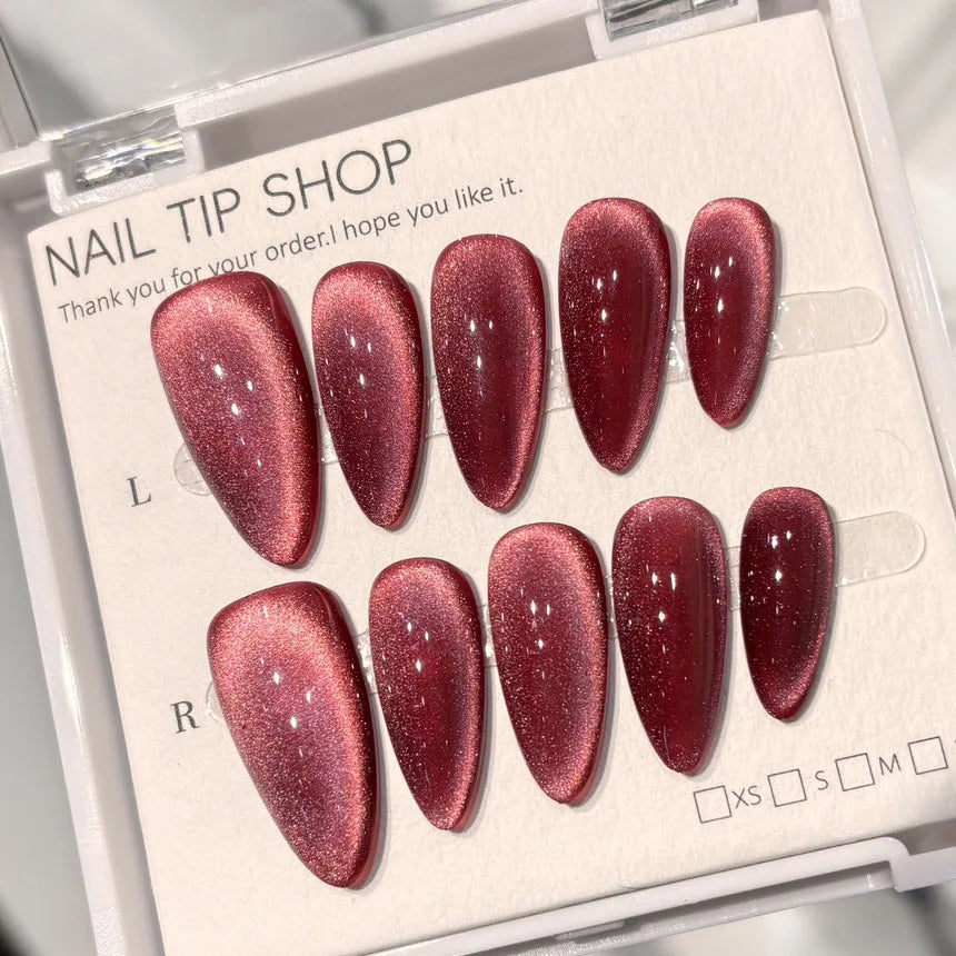 10Pcs Shiny Handmade Press on Nails Cherry Solid Color Almond Cat Eye Design Fake Nails Sparkling Removable Manicure Nail Women