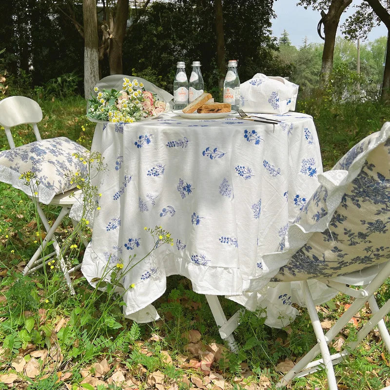 Qfdian Cotton Ruffle Tablecloth Rectangular Farmhouse Embroidery Floral Blue Table Covers for Kitchen Living Room Outdoor Wedding Decor