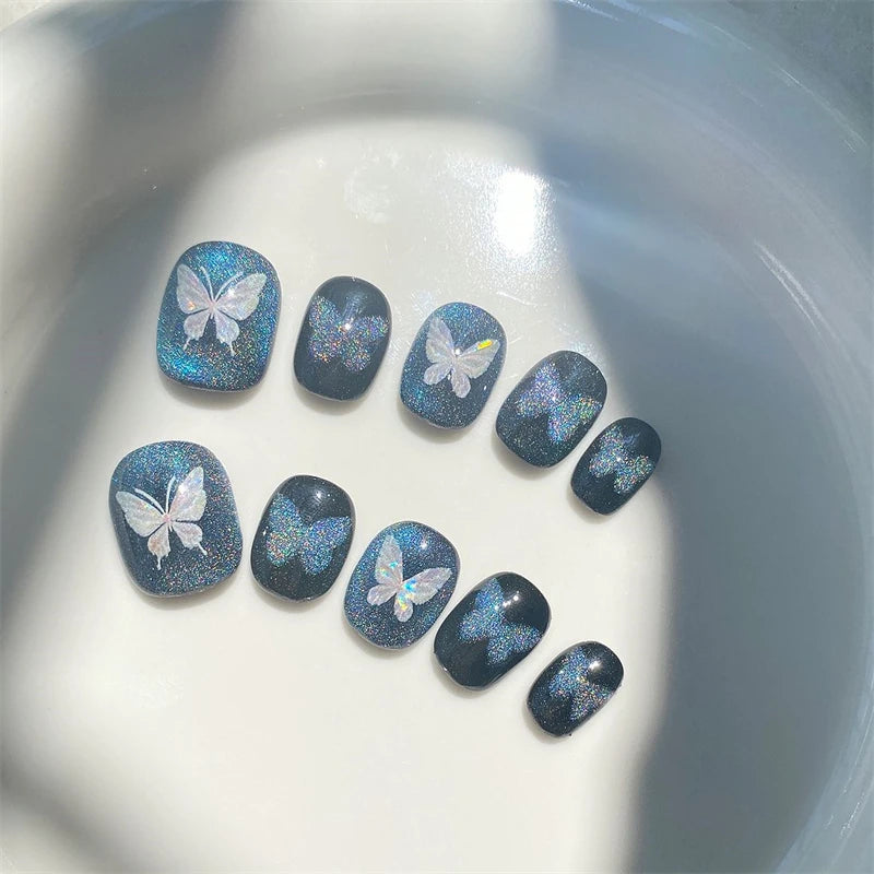 Qfdian Handmade Glitter Fake Nails Press On Nails Luxury Short Cat Eye Reusable Wearable Blue Ballerina False Nails Cute Finger Tips