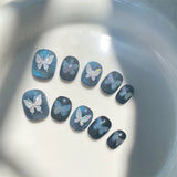 Qfdian Handmade Glitter Fake Nails Press On Nails Luxury Short Cat Eye Reusable Wearable Blue Ballerina False Nails Cute Finger Tips