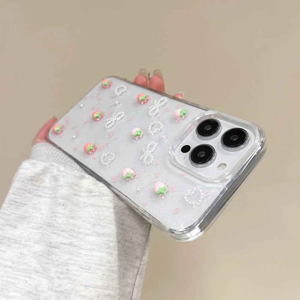 Qfdian Transparent Strawberry Pearl Bow Soft Phone Case for iPhone 16 Pro Max Fundas Cover for iPhone 11 12 13 14 15 Pro Max Back Cover