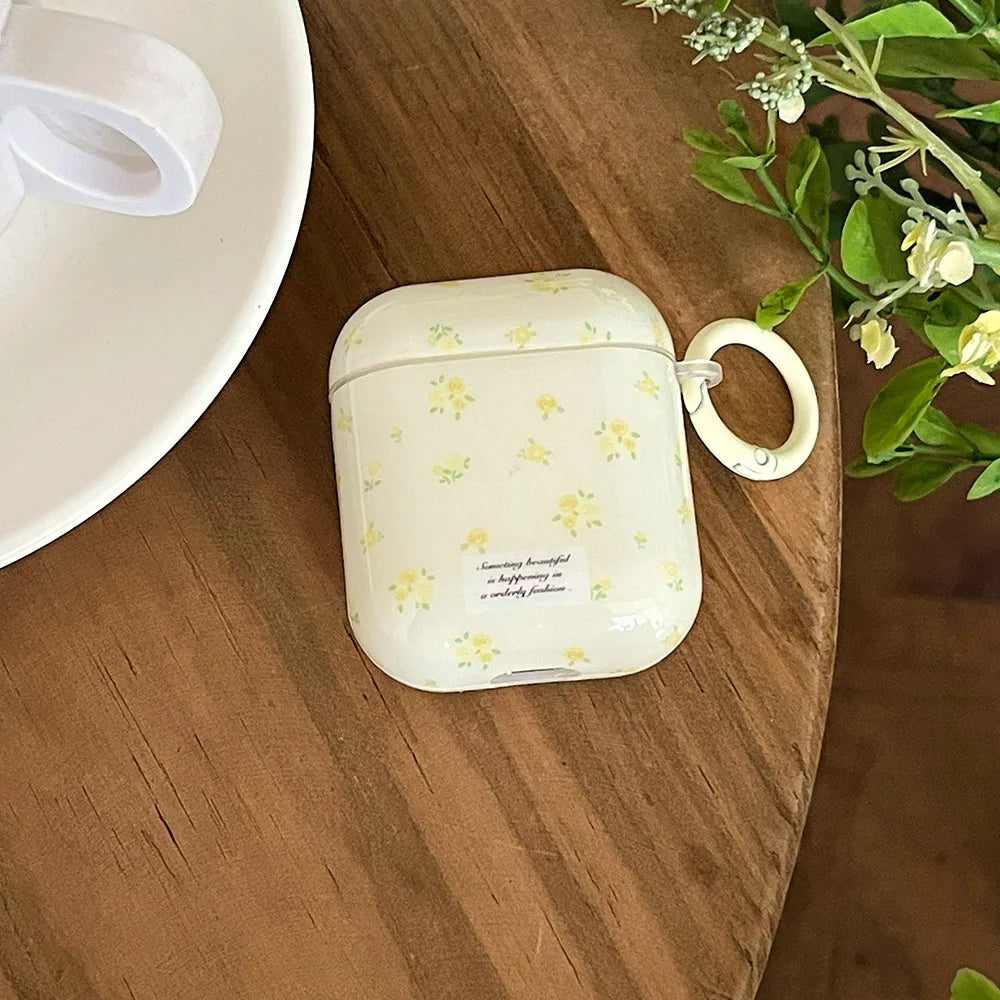 Qfdian Korea Cute Full Yellow Flower Gloss Soft Protection Case For Apple AirPods 1 2 3 4 Pro 2 Cover Shockproof Funda With Keychain