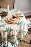 Qfdian Green Leaves Print Round Tablecloth Cotton Linen Boho Table Cloth with Tassels for Kitchen Restaurant Christmas Party Decoration
