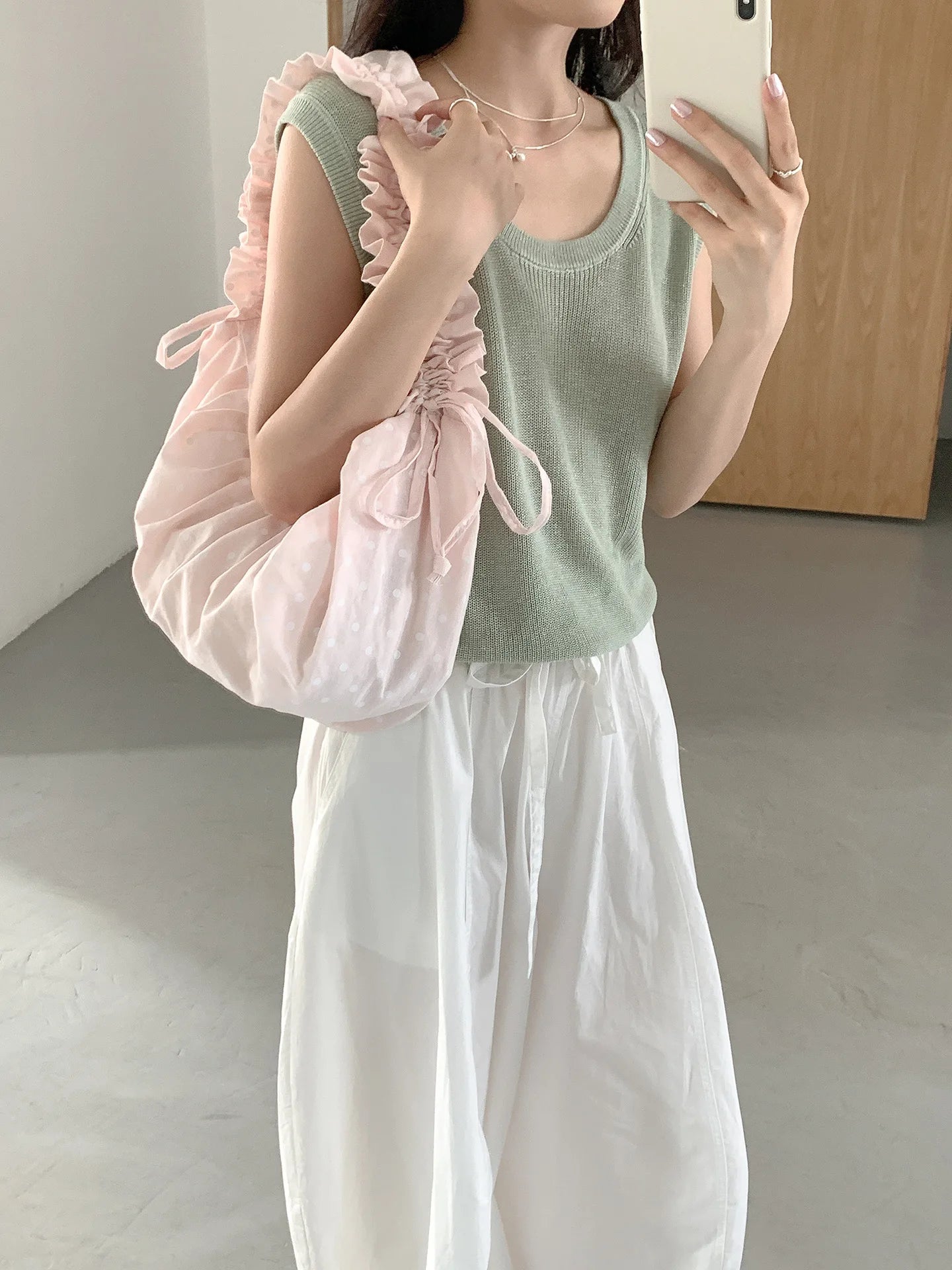 Qfdian Korean Sweet Dot Pleated Shoulder Handbags Fashion Office Lady Chic Women Hobo Bag Y2k Aesthetic Fairy All Match Crossbody Bags