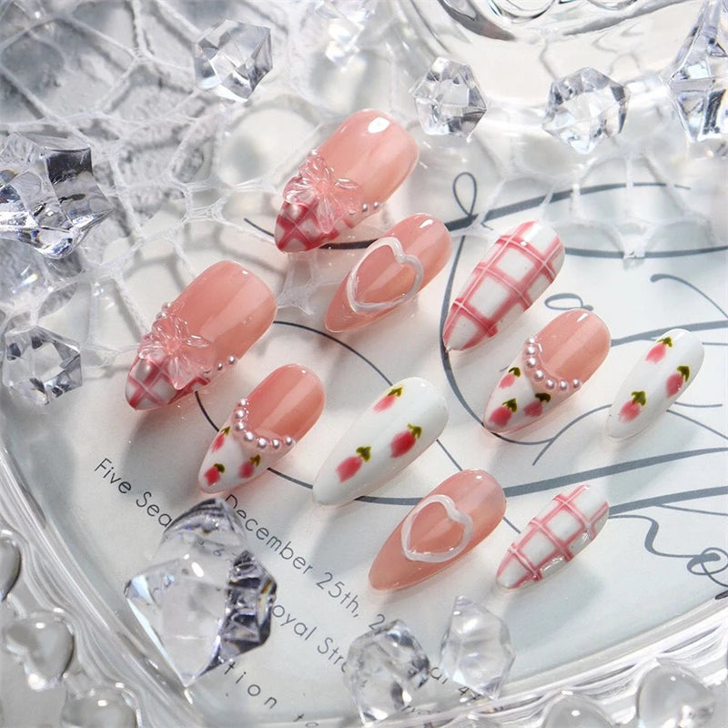 Qfdian Handmade Wearable Press On Nails French Medium Oval Artificial False Nails Love Gemstone Charms Manicure Ballerina Finger Art