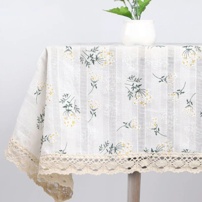 Qfdian Cotton Blend Tablecloth Beige Floral Printed Washable Farmhouse Table Cover for Wedding Party Living Room Baby Shower Decoration