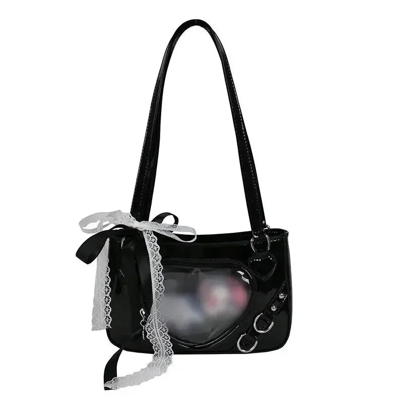 Qfdian Y2K Transparent Love Itabag Zipper Bag Jk Kawaii Shoulder Bag Underarm Commuting Bag Messenger Bag Lace Crossbody Bag Women