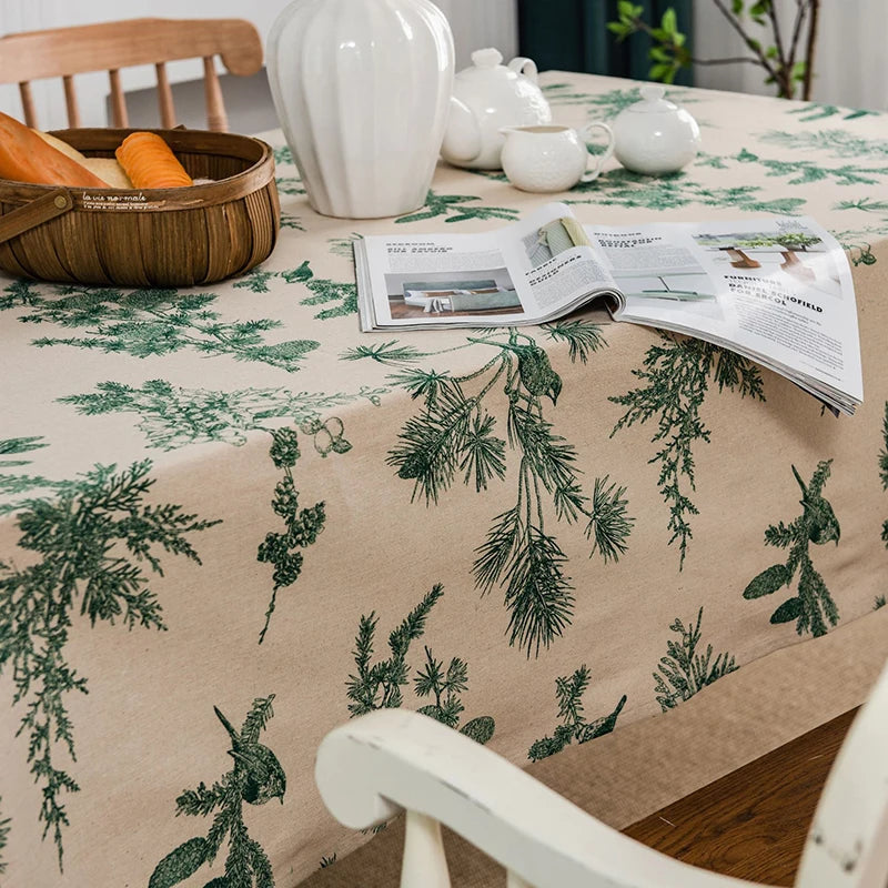 Qfdian Green Printed Pines Birds Tablecloths Rectangle Cotton Linen Table Cloth Table Cover for Kitchen Dining Tables Picnic Decoration
