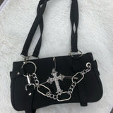Qfdian Japanese Vintage Streetwear Punk Women Handbags Y2k Aesthetic Trendy Cross Chain Shoulder Bags Casual Fashion Chic Underarm Bag