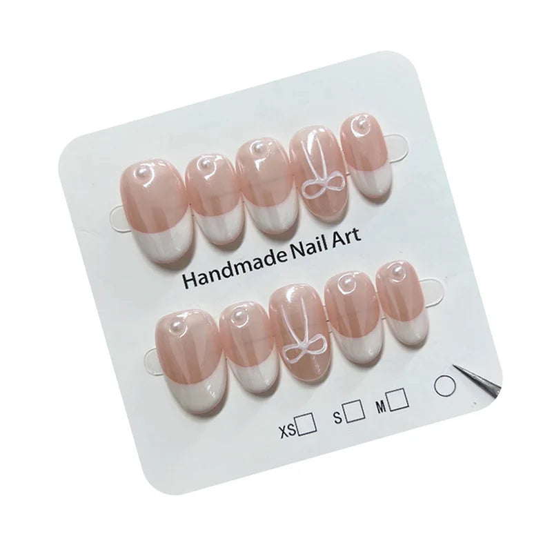 Qfdian 10Pcs Handmade Short Oval Press on Nails French White Pink Bow Pearls Cute False Nails Reusable Wearable Nail For Girls Women