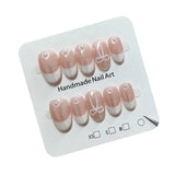 Qfdian 10Pcs Handmade Short Oval Press on Nails French White Pink Bow Pearls Cute False Nails Reusable Wearable Nail For Girls Women