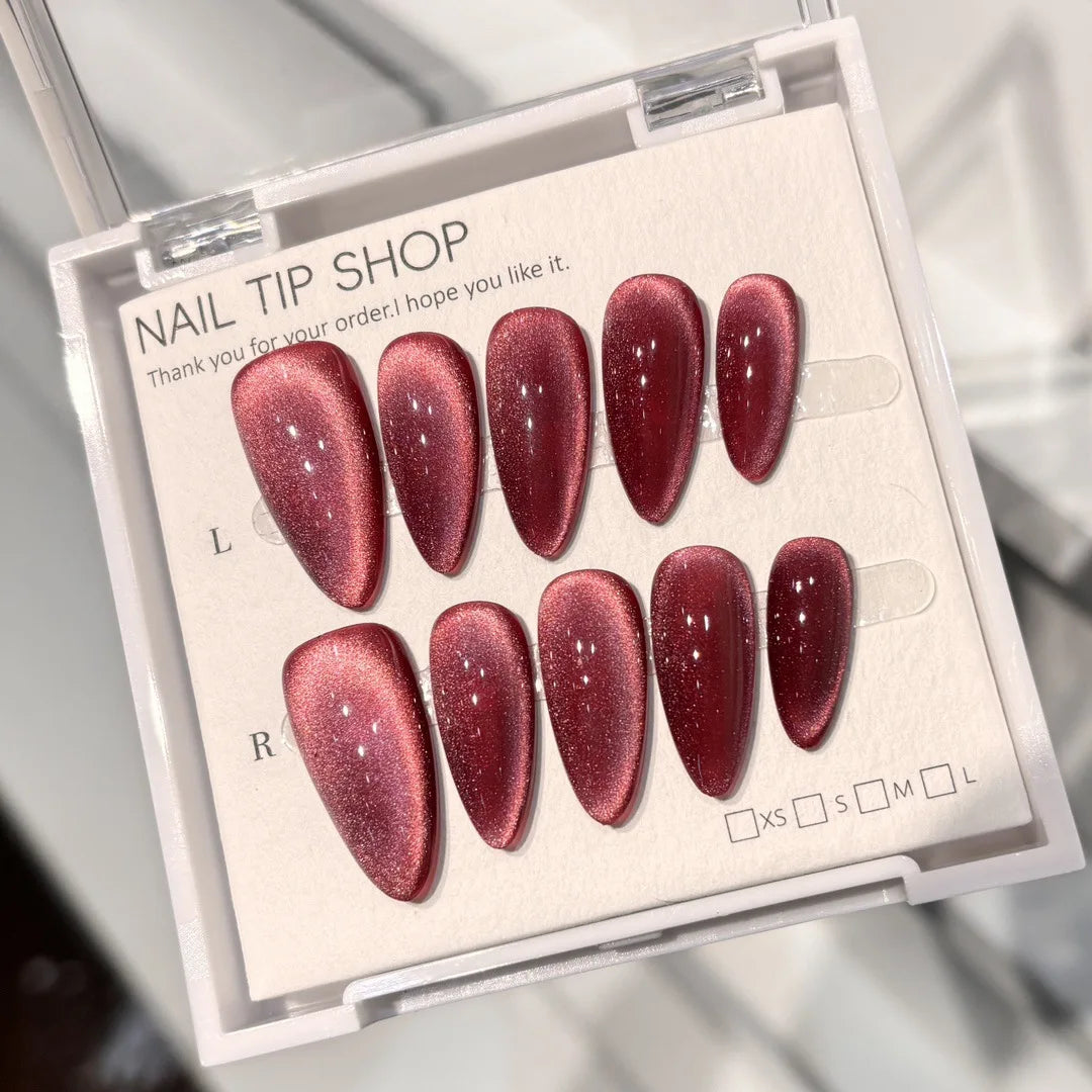 10Pcs Shiny Handmade Press on Nails Cherry Solid Color Almond Cat Eye Design Fake Nails Sparkling Removable Manicure Nail Women