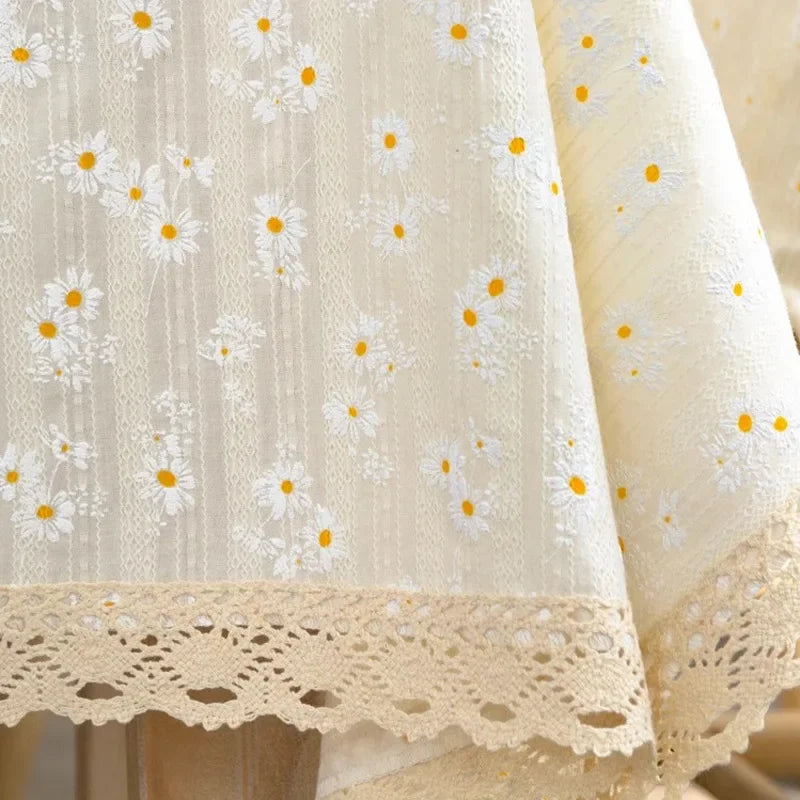 Qfdian Beige Daisy Lace Tassels Cotton Tablecloth Rectangle Table Cover for Tea Table Decorations Kitchen Living Room Wedding Party Use
