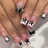 Qfdian 24Pcs French Pink Press on Nails Short Square Head Fake Nails with Flower Rhinestone Design Wearable Finished False Nail Tips