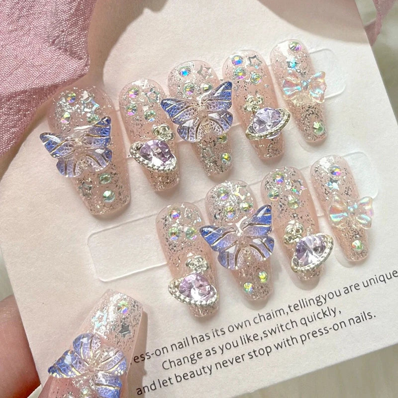 Qfdian 10Pcs Handmade Press On Nails Big Planet Designed Fake Nails with Butterfly Art Glitter False Coffin Nails Diamond Wearable Tips