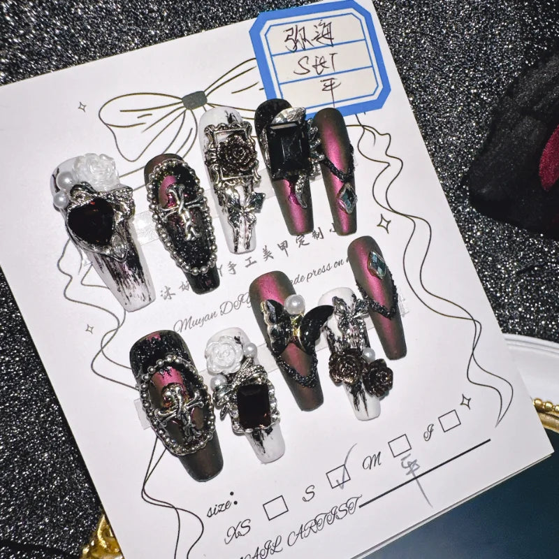 Qfdian 10Pcs High Quality Handmade Press on Nails Mihai Matte Darkening Niche Style Spicy Girl Nail Drill Decoration