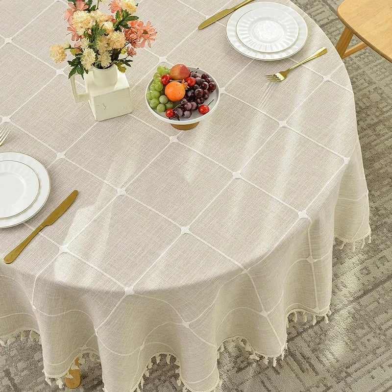 Qfdian Round Tassel Plaid Tablecloths Heavy Weight Cotton Linen Fabric Dust-Proof Table Cover Kitchen Dining Party Tabletop Decorations