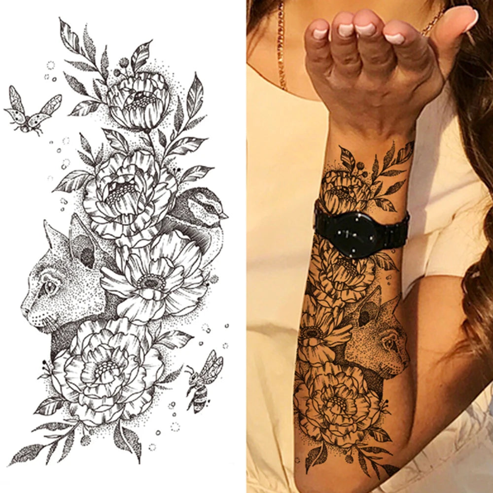 Qfdian Black Sexy Flower Waterproof Temporary Tattoos Sticker Rose Snake Lion Women Body Arm Painting Realistic Fake Tattoo