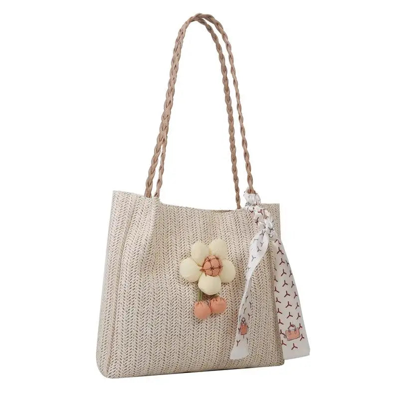 Qfdian Woven grass woven bag for women, large capacity fashionable new flower shoulder bag, casual shoulder bag, summer tote bag