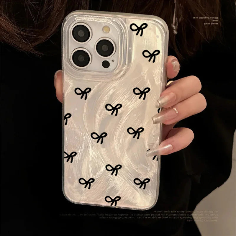 Qfdian Ins Korean Mini Bow knot Laser Silver Phone Case For iPhone 11 13 14 15 16 Pro Max Cases iPhone 7 8 Plus XS XR Phone Cover