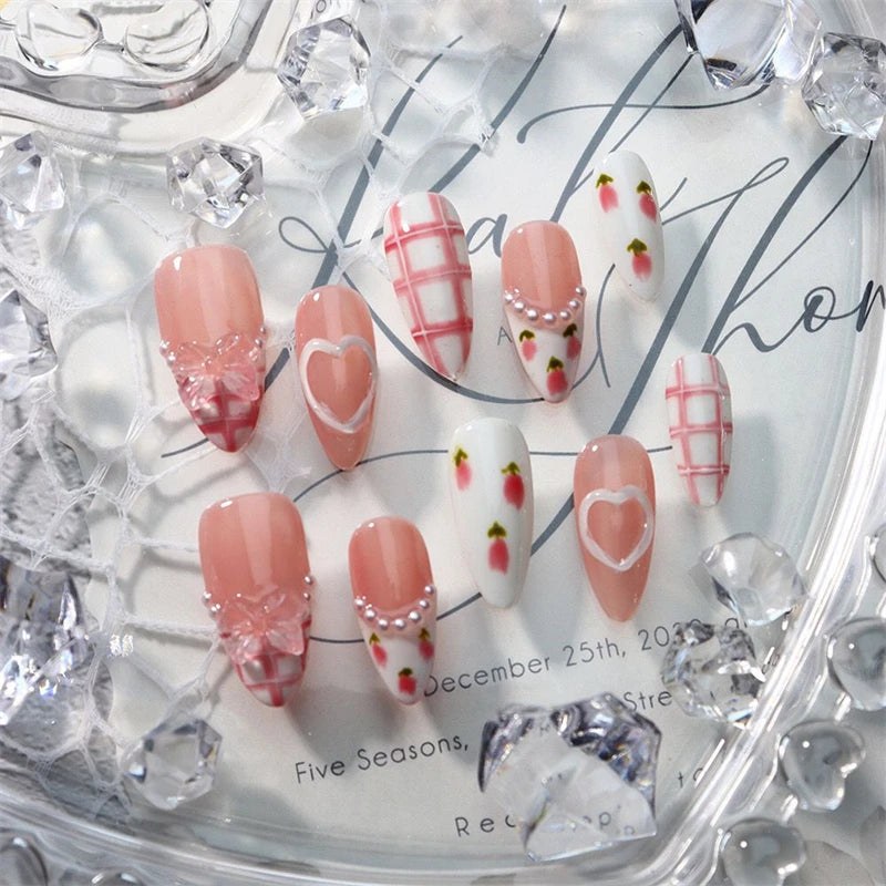 Qfdian Handmade Wearable Press On Nails French Medium Oval Artificial False Nails Love Gemstone Charms Manicure Ballerina Finger Art