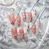 Qfdian Handmade Wearable Press On Nails French Medium Oval Artificial False Nails Love Gemstone Charms Manicure Ballerina Finger Art