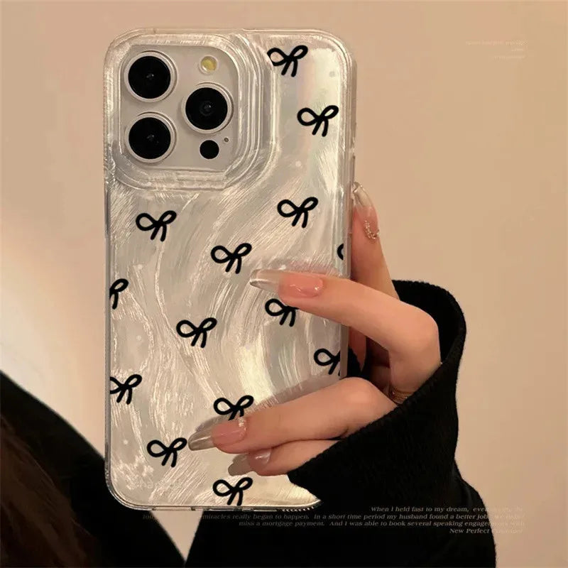 Qfdian Ins Korean Mini Bow knot Laser Silver Phone Case For iPhone 11 13 14 15 16 Pro Max Cases iPhone 7 8 Plus XS XR Phone Cover