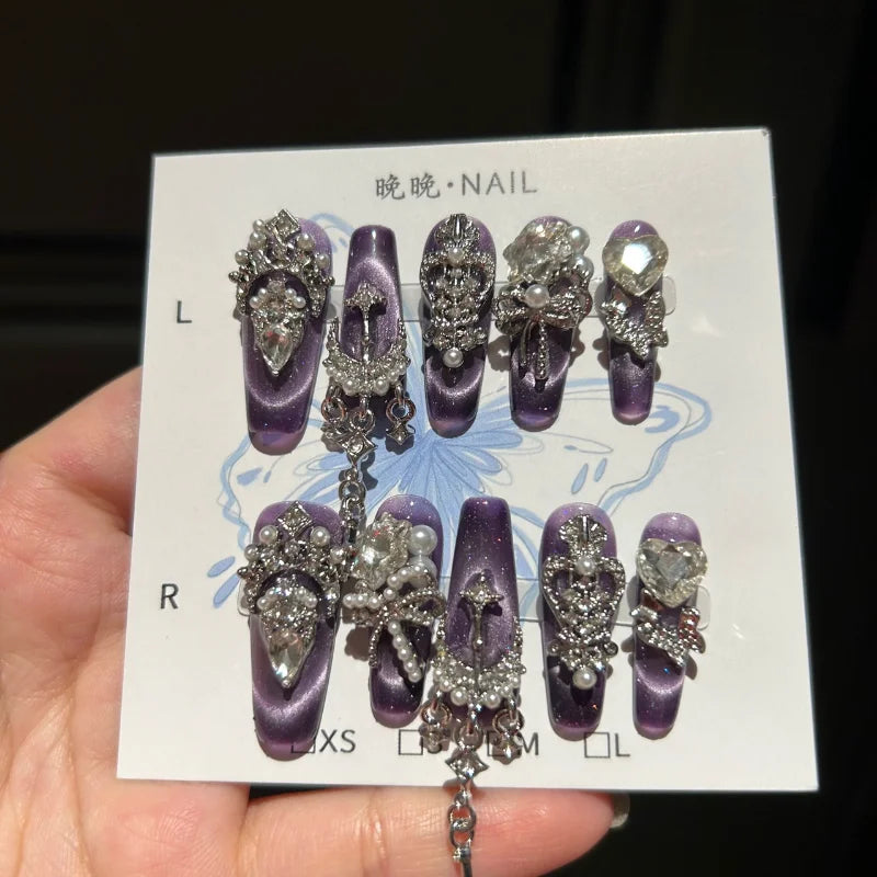 Qfdian 10Pcs High Quality Handmade Press on Nails Rhinestone Color-Block Inlay Internet Celebrity Nail Art Sweet And Cool Girl Style