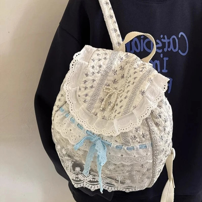 Qfdian Korean Lace Patchwork Sweet Bow Backpack Women Students Chic Flower Print Bow Schoolbags Y2k Aesthetic Girls All Match Backpacks