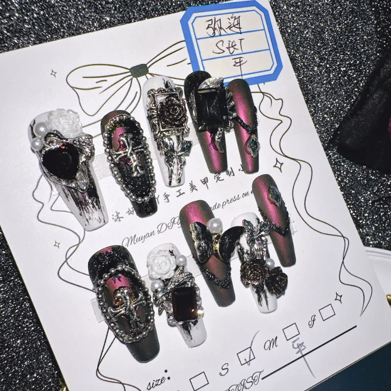 Qfdian 10Pcs High Quality Handmade Press on Nails Mihai Matte Darkening Niche Style Spicy Girl Nail Drill Decoration