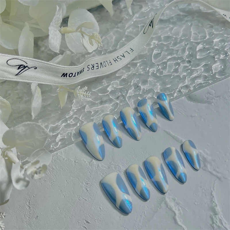 Qfdian 10Pcs Handmade Almond Blue Fake Nails Press On Glitter Full Cover False Nails Wearable Manicure Nail Finished Finger Tips Art