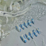 Qfdian 10Pcs Handmade Almond Blue Fake Nails Press On Glitter Full Cover False Nails Wearable Manicure Nail Finished Finger Tips Art