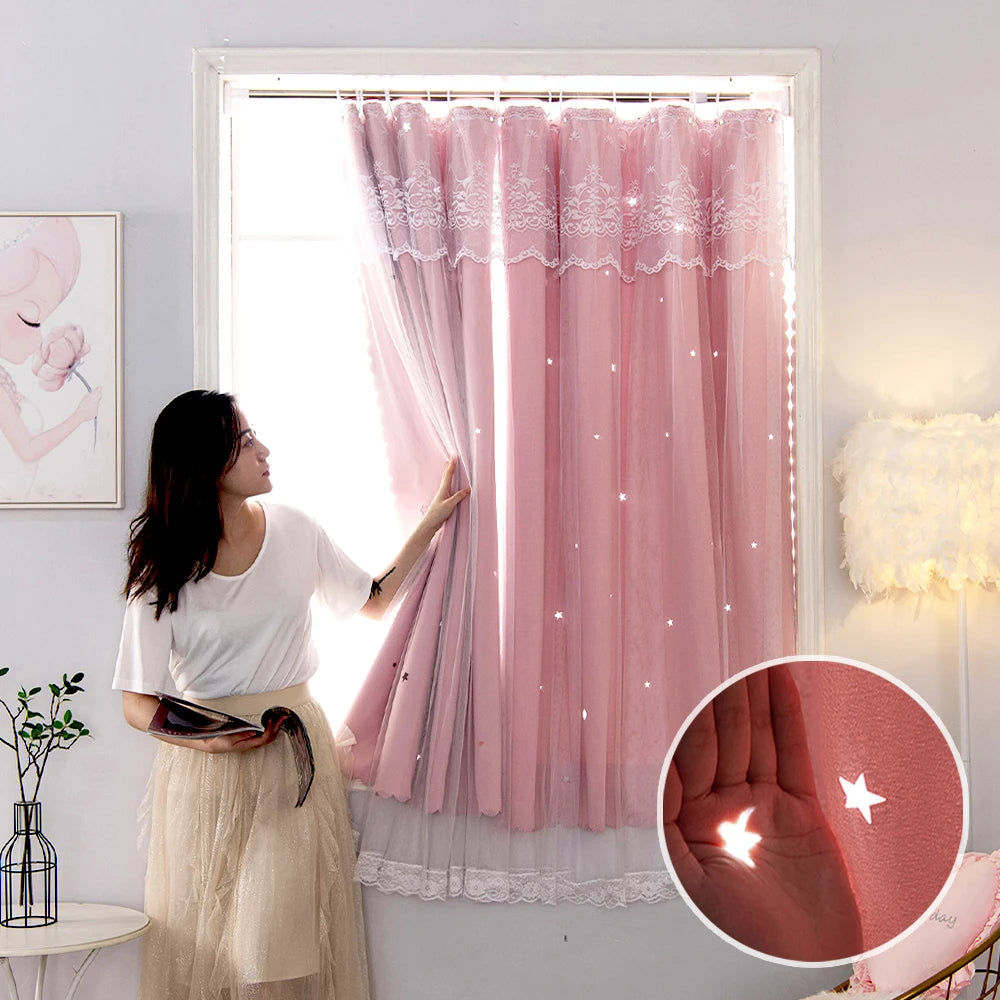 Qfdian Star Curtain Blackout Partition Window Hanging ring for Bedroom Living room With gauze pink Simple Decor curtain