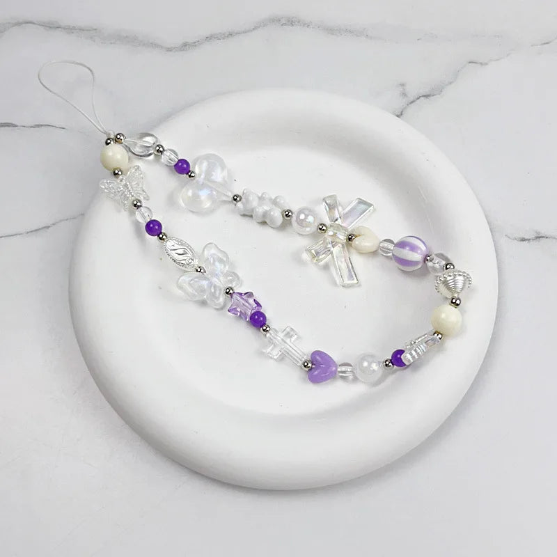 Qfdian 3D Bow Pearl Colorful Bead Handmade Pendant Beaded Phone Landyard Rope Chain Keychain For Iphone Bracelet