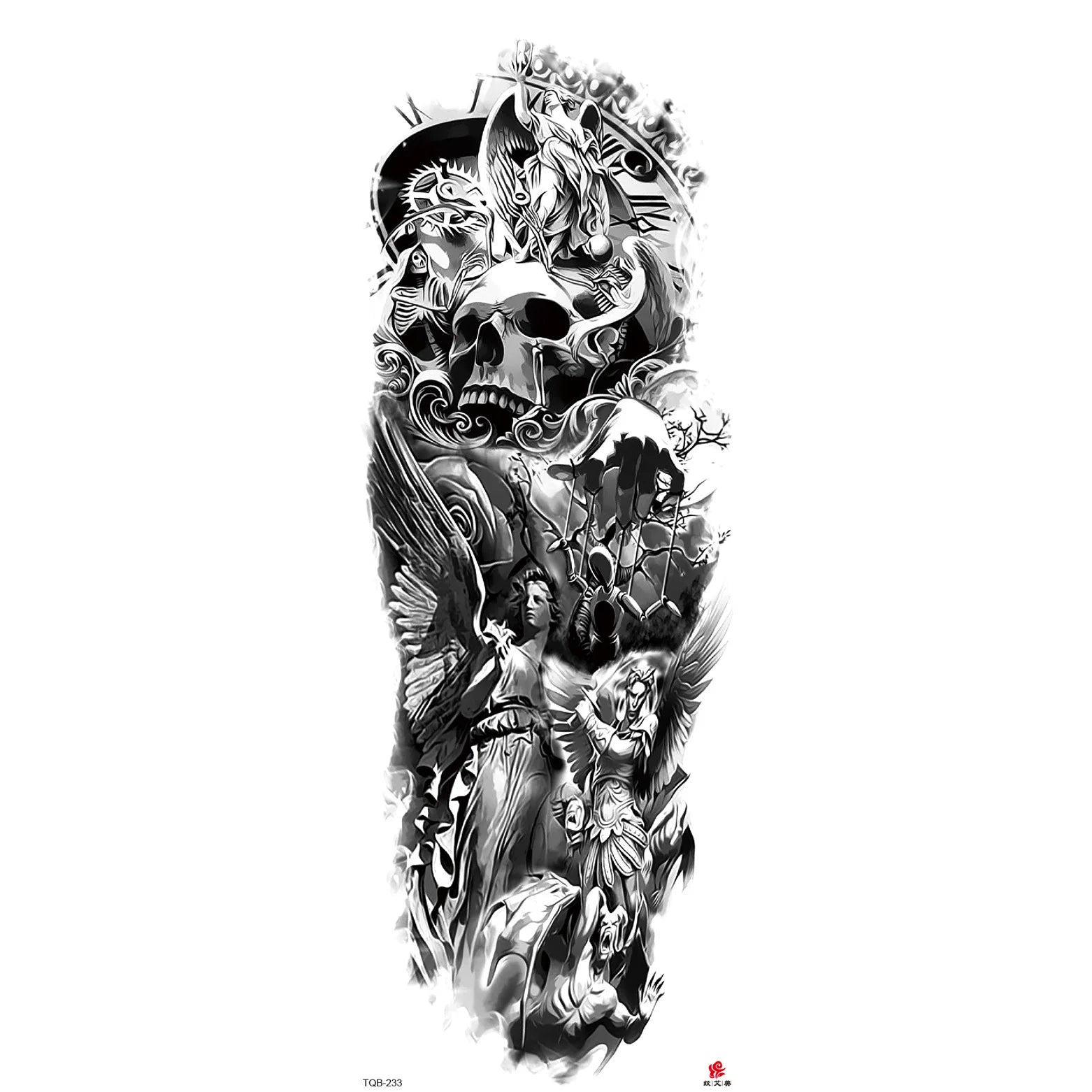 Qfdian Full Arm Tattoo Waterproof Temporary StickerCool Skull Fish Dragon Lion Clock Men Women Art Fake Sticker Glitter Style