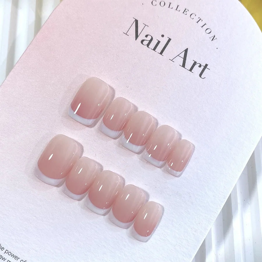 Qfdian 10Pcs Handmade Acrylic Press On Nail French Gradient Pink Short False Nail Wearable Full Cover Manicure Sweet Cute Nail Tips