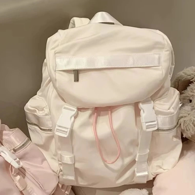 Qfdian All Match Drawstring Nylon Backpacks Women 2025 Casual Sweet Girls Travel Bags for Women Korean Simple Preppy Fashion Schoolbags
