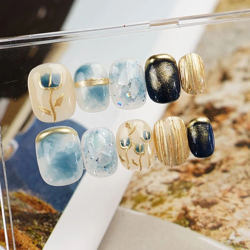 Qfdian 10pcs Blue Pink Handmade Press on Nails with Flower Short Ballerina Fake Nails Reusable Manicure Artistic Full Cover Finger Tips