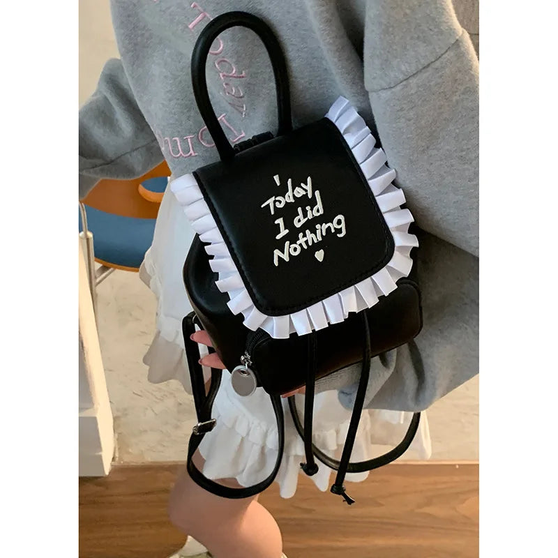 Qfdian Sweet Y2k Aesthetic Girls Letter Embroidery Preppy Schoolbags Women Students All Match Ins Fashion Ruffled Chic Mini Backpacks